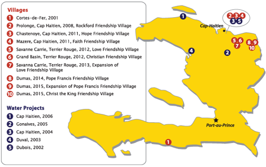 A map detailing Hope for Haitians-sponsored projects in Haiti.